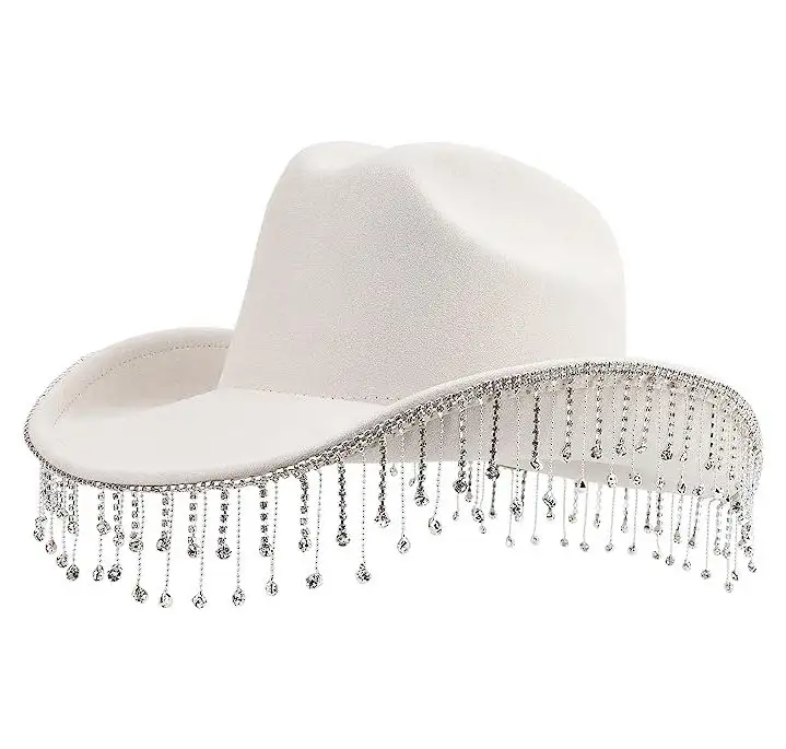 Sombrero de vaquera de lujo Hstyle con flecos de diamantes de imitación ala ancha estilo occidental sombrero de vaquero para mujer fiesta música Festiva Jazz sombreros