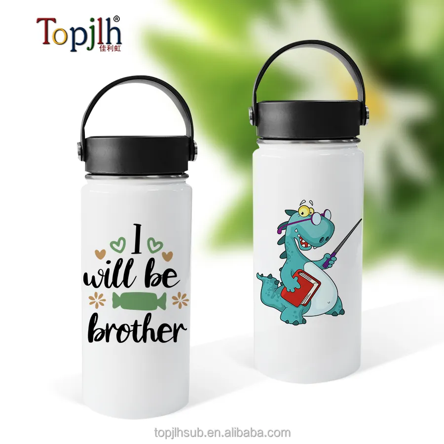 Topjlh 550ml boca ancha sublimación doble pared 304 botella de agua de acero inoxidable diseño personalizado impresión PU tapa termo