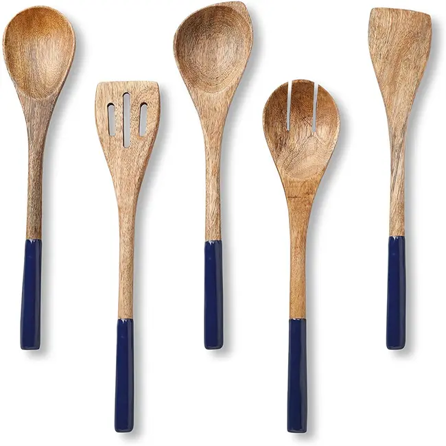 Set di accessori da cucina antiaderenti da 5 pezzi cucchiaio di legno forchetta da portata spatola con intaglio cucchiaio angolare