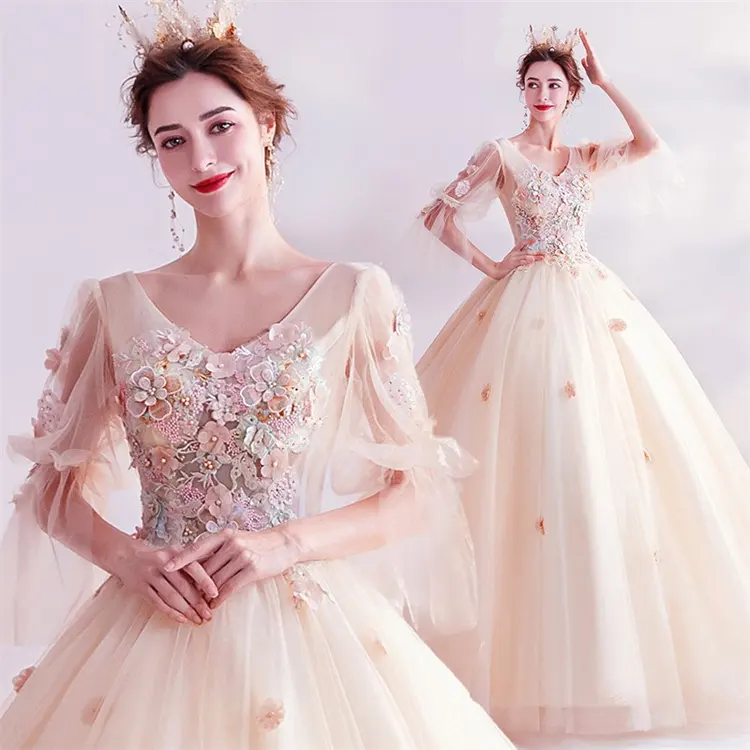 Champagne Vestido De Noite 2023 Verão Nova Flor Francês Manga Longa Wedding DressSalute DressBanquet Dress