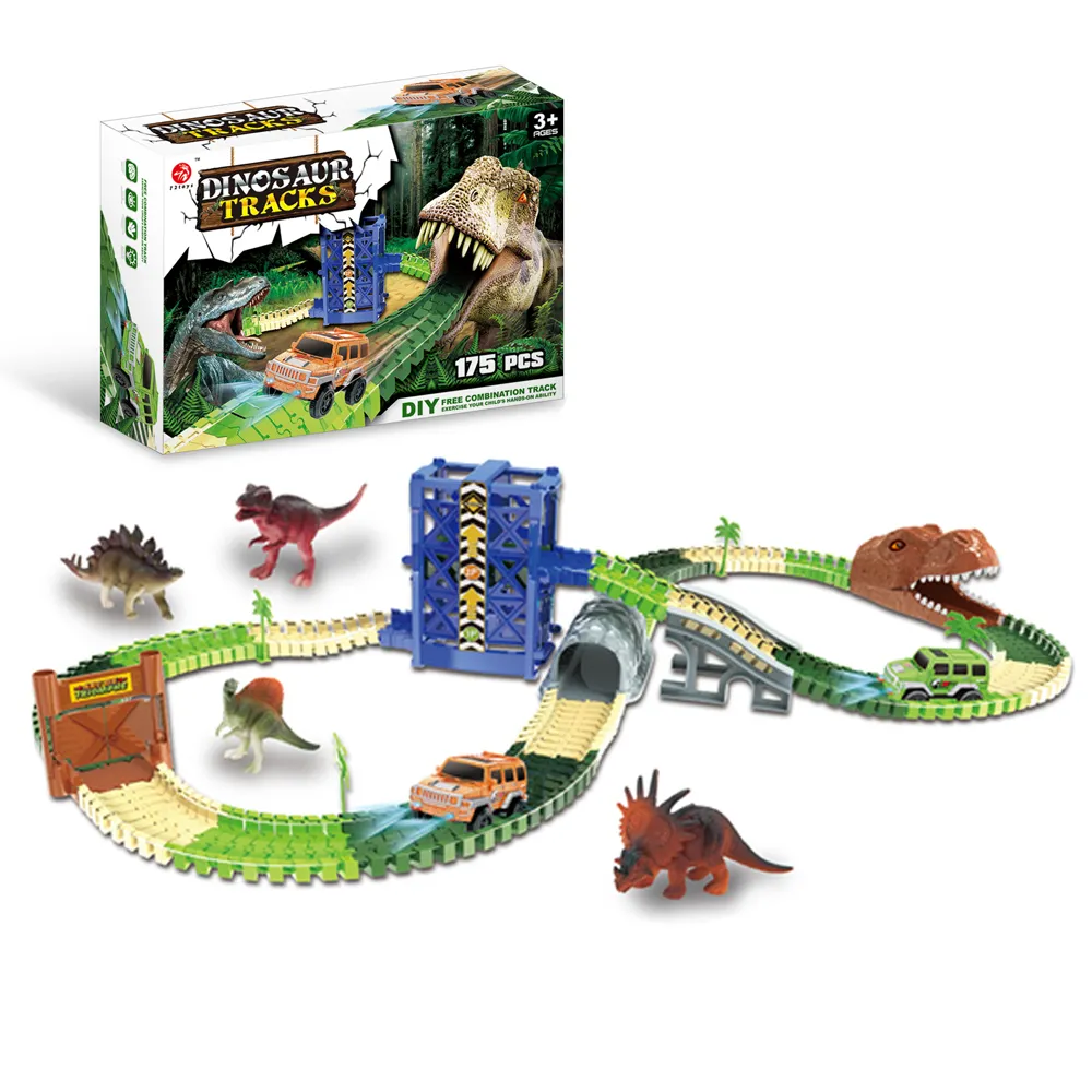 175 pçs ranhura plástico dinossauro corrida carro, pista, brinquedo com 3 dinossauros