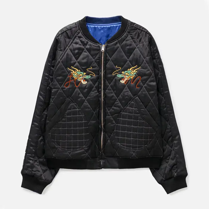 Neueste individuelle langärmelige baseball-stil-jacke satin rayon muschel reißverschluss drachen stickerei wendedeckel jacke herren bomberjacke