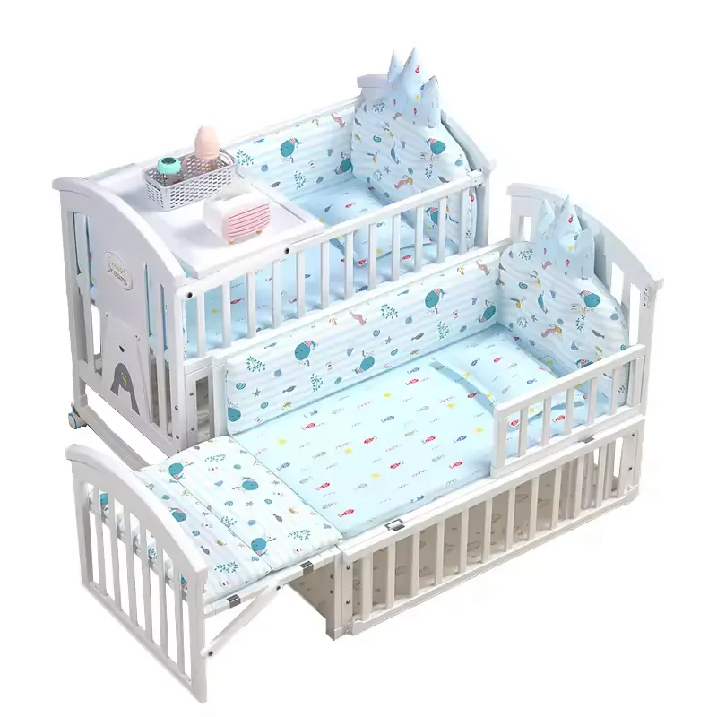 Cunas para niños de madera maciza blanca multifunción de estilo europeo 5 en 1 con mosquitera, cómoda cama para bebés para gemelos