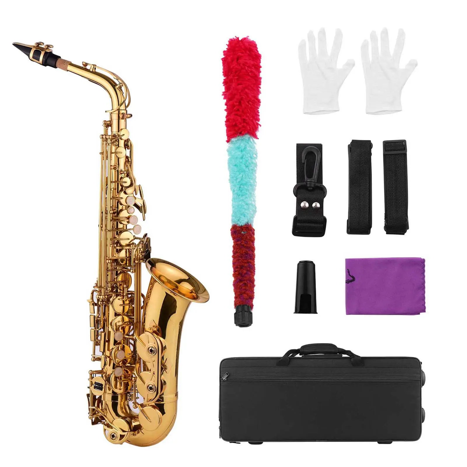 Saxophone Alto type de clé Eb 475 avec étui de transport, chiffon de nettoyage, brosse, sangles de cou de Saxophone