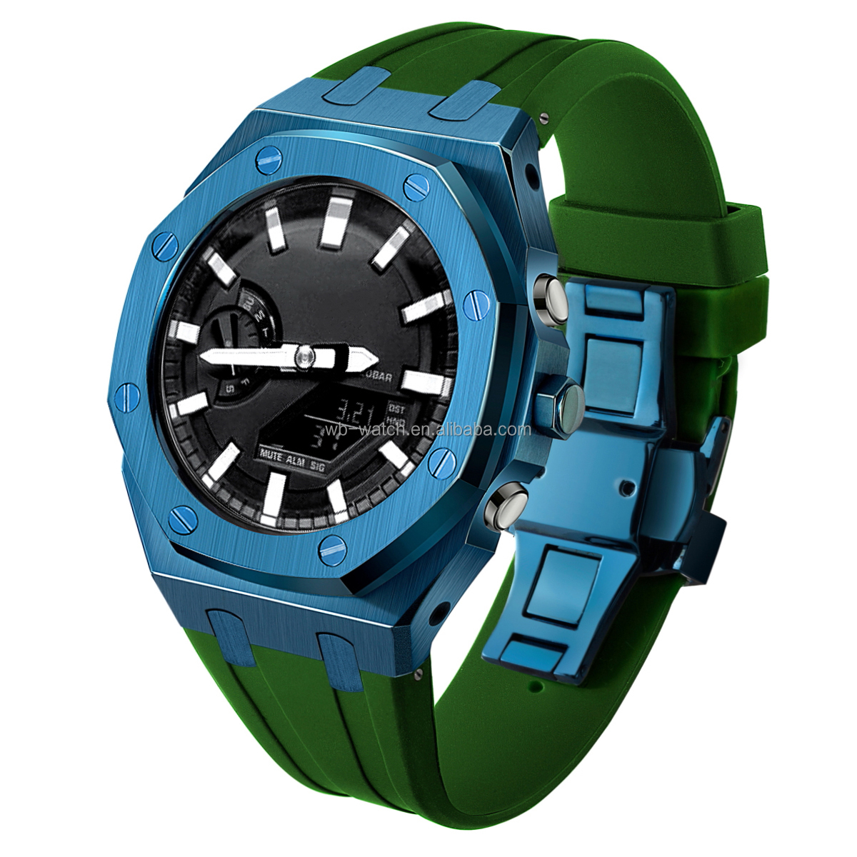 Bague bleue + boîtier bleu + bracelet vert