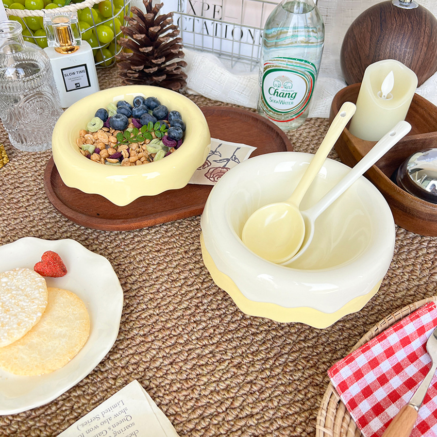 Snow cheese salad bowl (cream yellow + white) with spoon/set