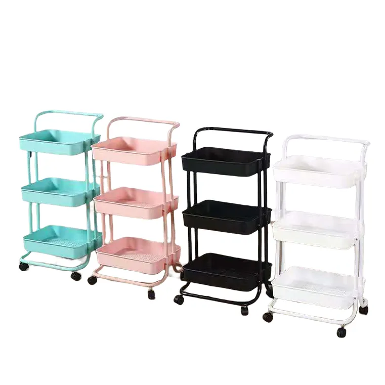 Organisateur de cuisine à 3 niveaux Chariot à main mobile en métal pour le ménage pour le rangement des armoires et des étagères en plastique durable