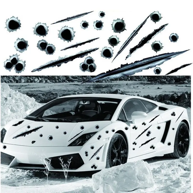 Pistola de agujeros de bala falsos 3D para coche, nuevo diseño divertido, creativo, pegatinas impermeables personalizadas