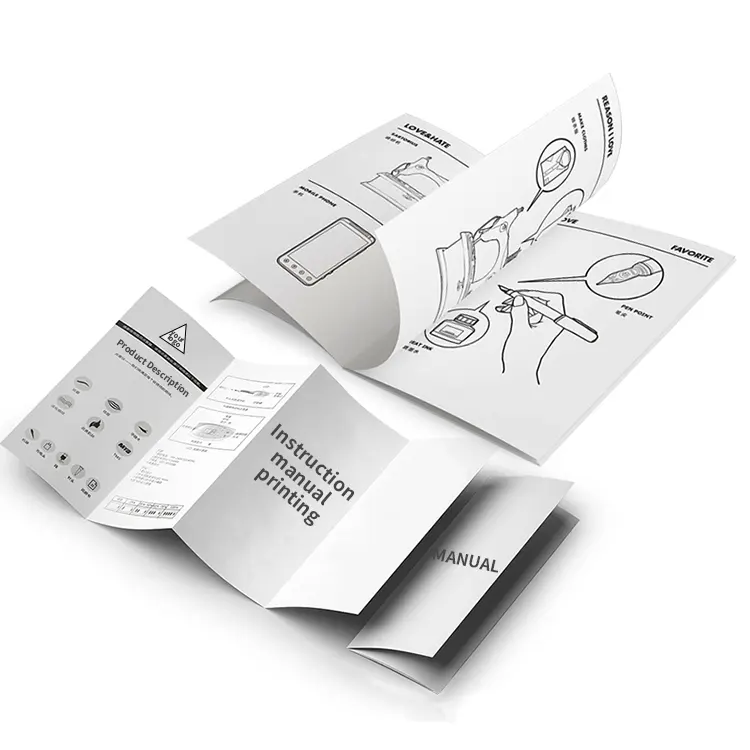 Livros de impressão manuais da instrução do produto personalizado, livros de impressão no ângulo da impressão do dobro