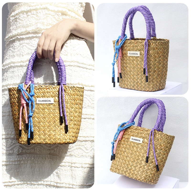 Bolsa amarilla + etiqueta + asa de nailon morada