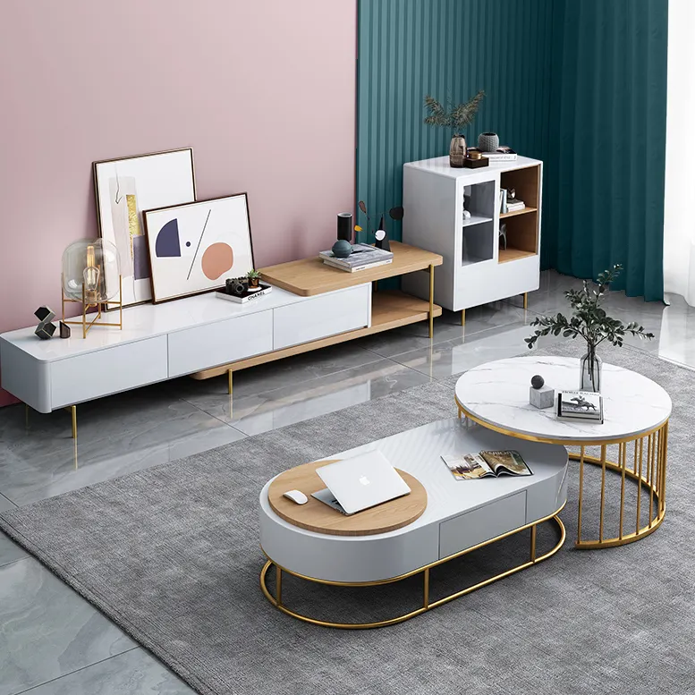 Mesa de centro de exhibición de TV para sala de estar, diseño de mármol moderno de lujo, caja de Metal dorado para muestra, muestra gratis