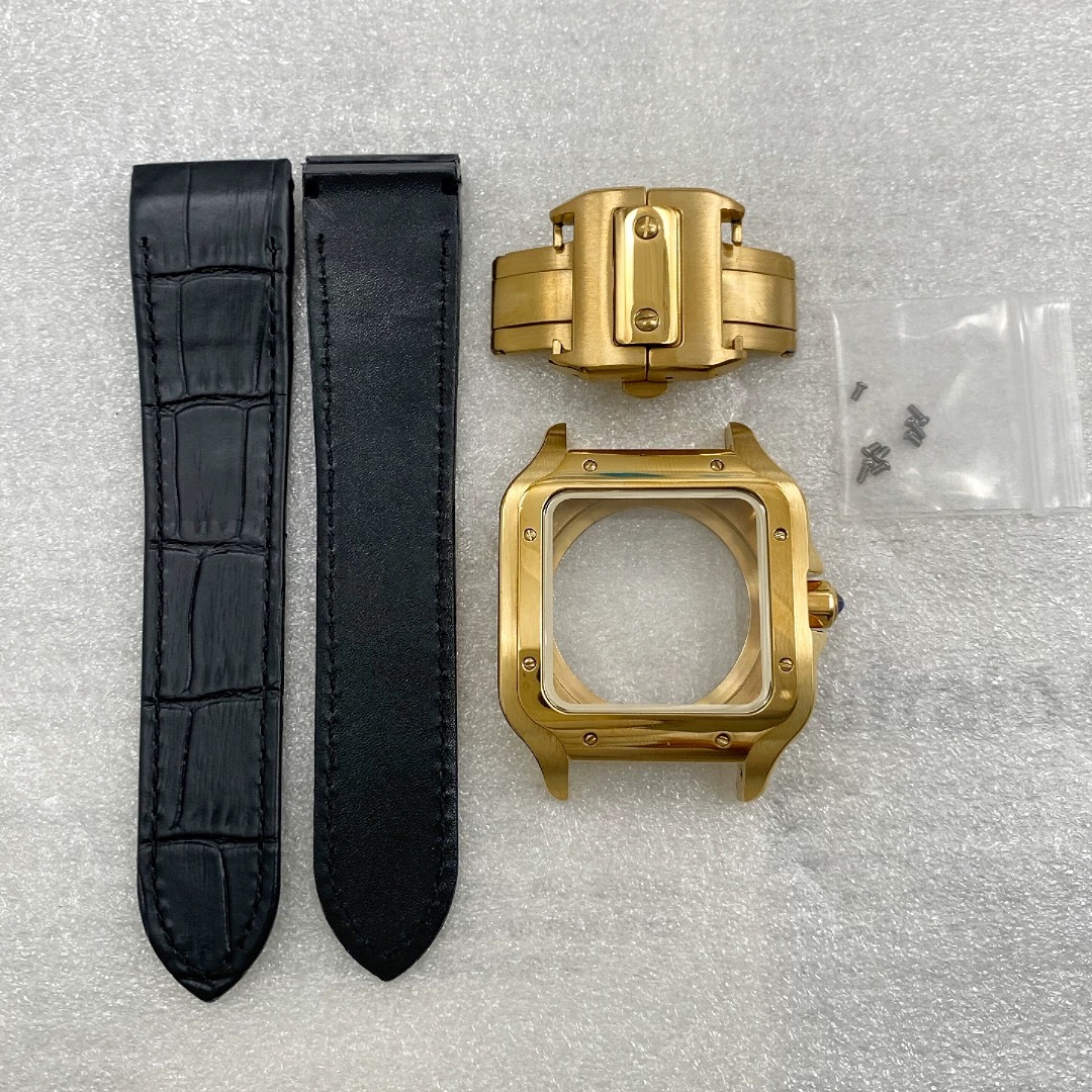 Boîtier doré - Bracelet en cuir noir