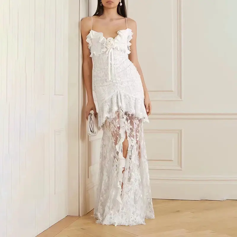 2023 Verão Nova Moda Estilo Fada Vestido Artesanal Flor Lace Splice Slim Vestido Vestido Longo