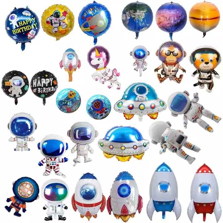 Globos de dibujos animados de espacio exterior para niños, cohete de astronauta de la tierra de gran tamaño, suministros de decoraciones de fiesta con temática de planeta