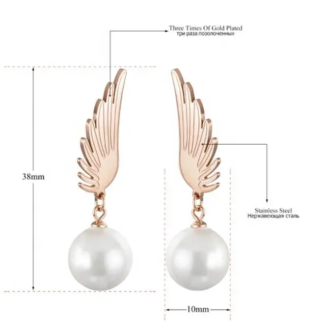 Yiwu Aceon Rvs Gesneden Lijn Vivid Angel Wing Earring Post Dangle Imitatie Wit Gesimuleerde Parel