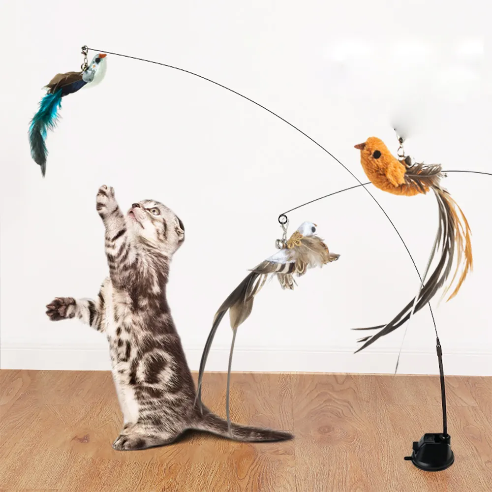 2023 Grosir Bebas Genggam Burung/Bulu Tongkat Kucing dengan Bel Kuat Cangkir Hisap Interaktif Mainan untuk Kucing Kucing Berburu Latihan