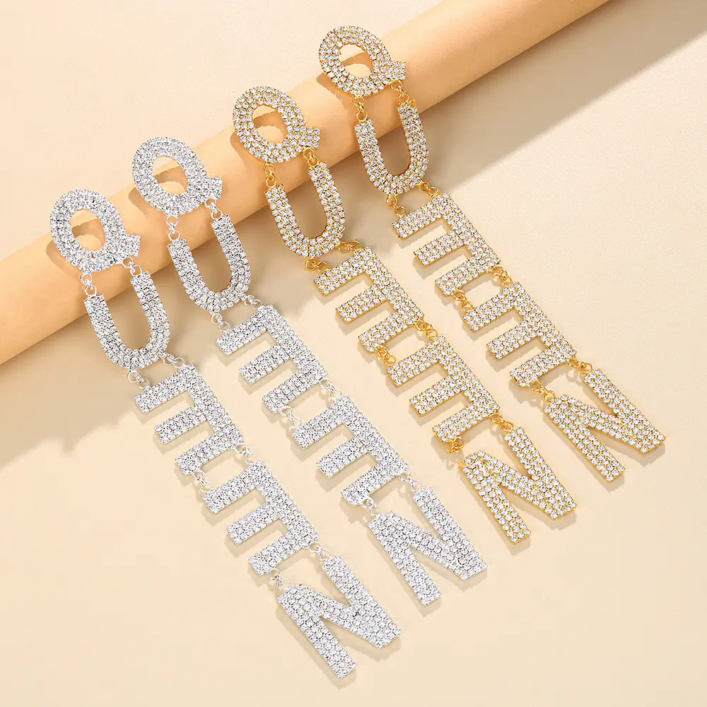 Pendientes colgantes largos con diamantes de imitación para mujer, joyería de fiesta de Hip Hop, aretes colgantes con letras reina