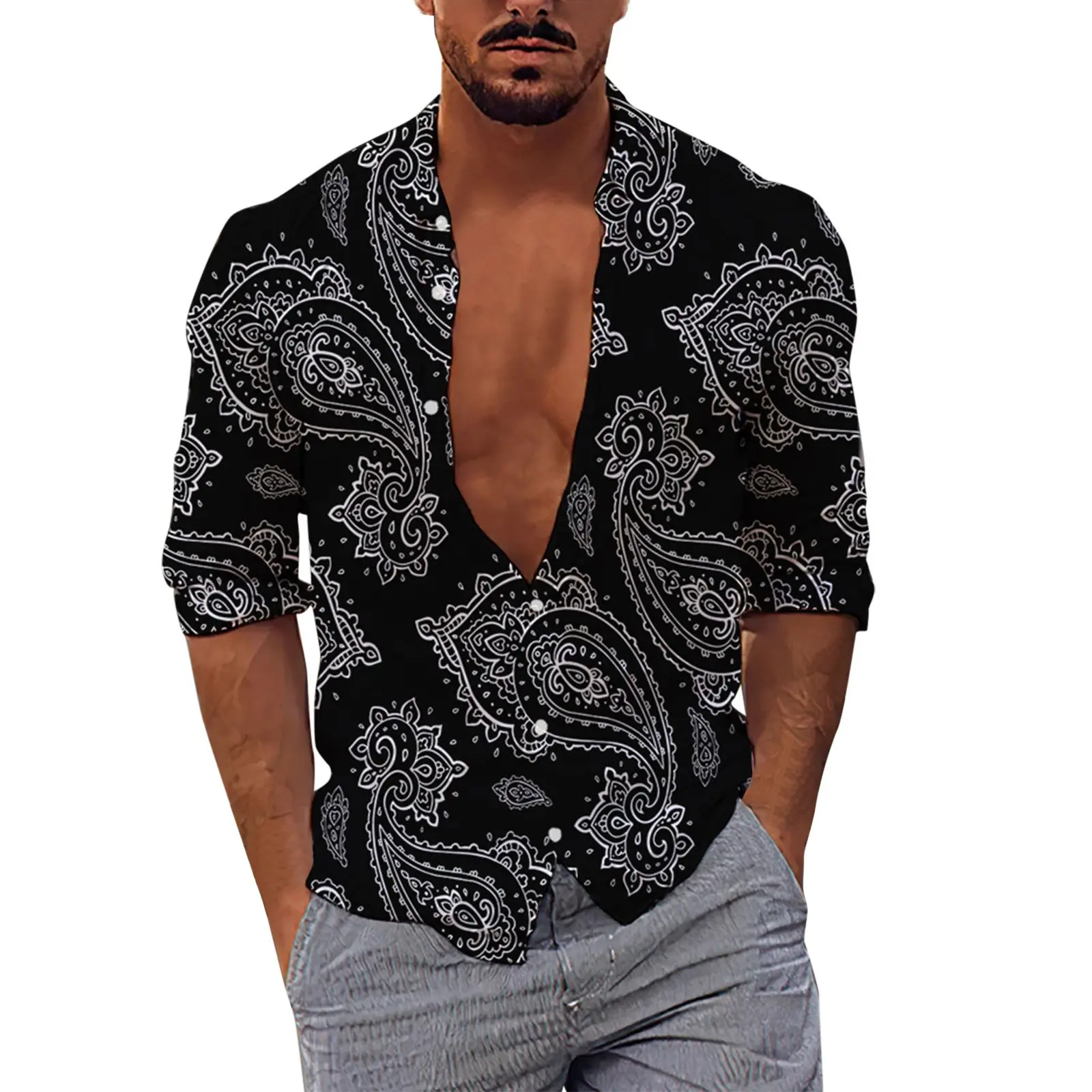 Camisetas de manga larga para hombre, ropa informal con estampado de botones y botones, material de fábrica