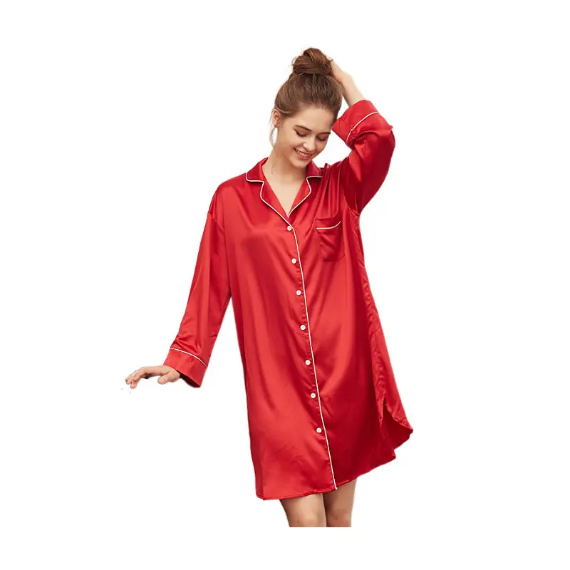 قميص نوم ساتان نسائي بأكمام طويلة قمصان نوم حمراء ليلية من الحرير