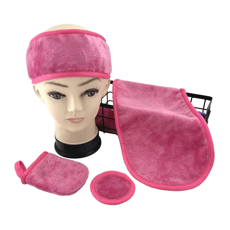 Aangepaste Make-Up Verwijderaar Private Label Product Microfiber Make-Up Verwijderaar Handdoeken Pads Hoofdband En Handschoenen Set