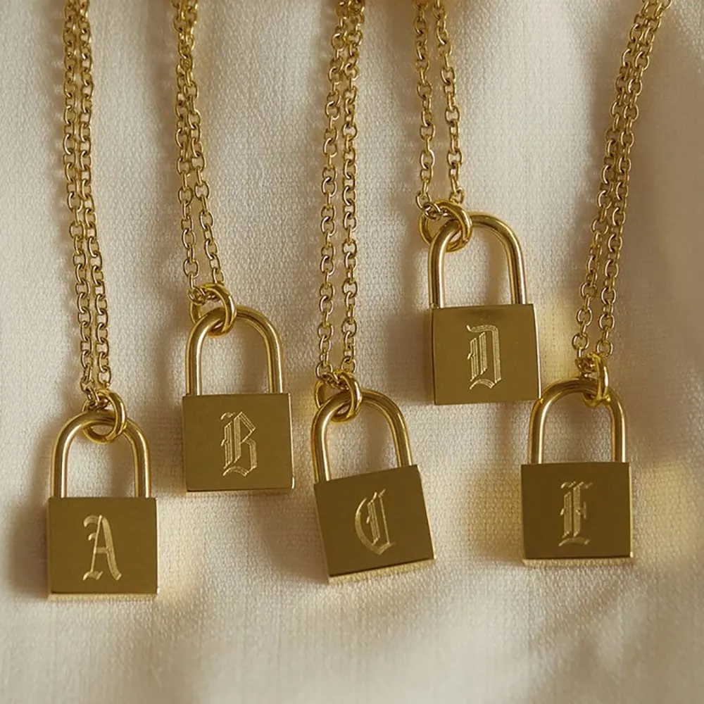 Ailiany colar de cadeado minimalista, colar de cadeado banhado a ouro 18k, colar de aço inoxidável 316l, velho, personalizado em inglês
