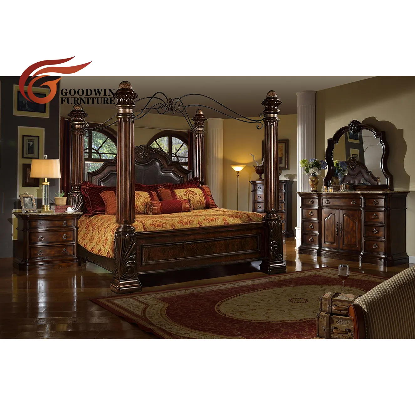 Goodwin-Conjunto de muebles de dormitorio de madera maciza, estilo clásico de lujo, cama King Size WA211