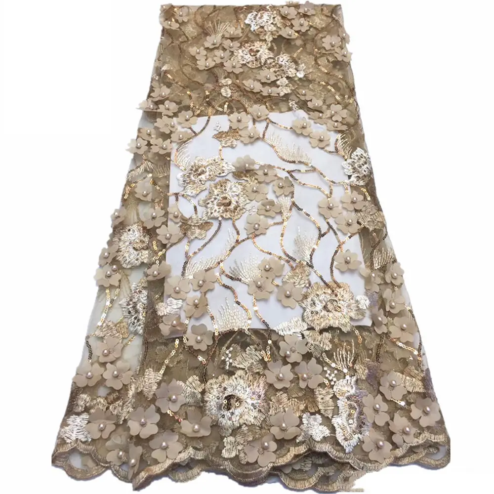Beautifical cuentas mujer vestido beige boda encaje 3D flor tela de tul de ML44N140
