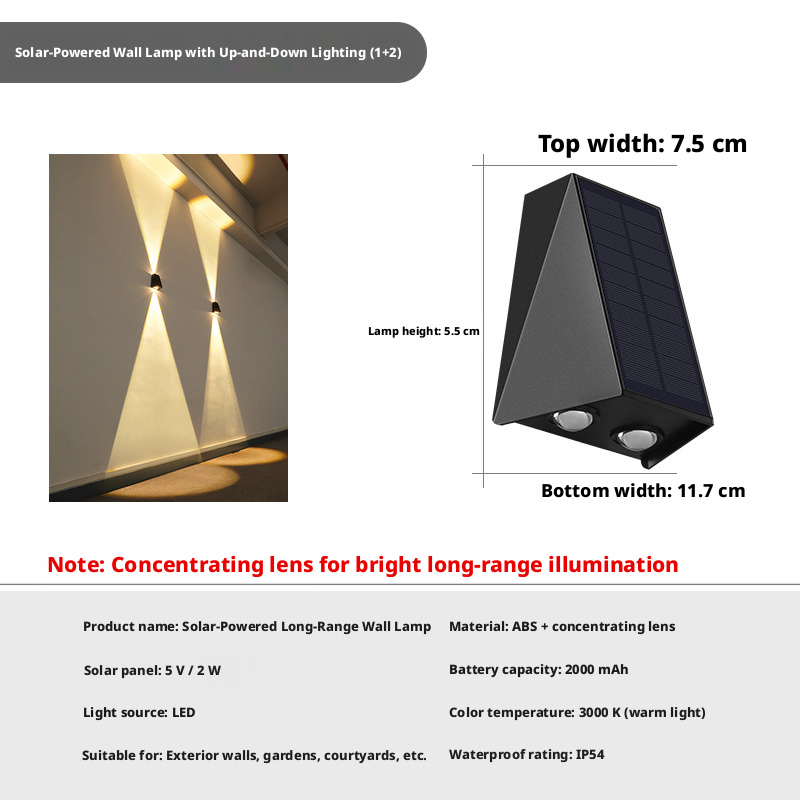 Energía solar / Iluminación ascendente y descendente 1 2 cabezales / Luz cálida