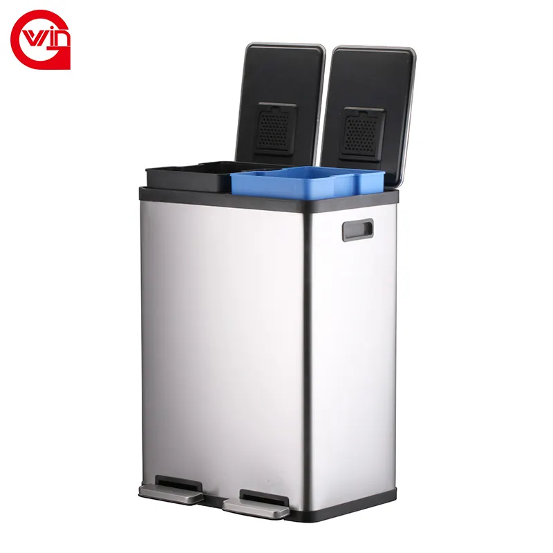 Rectangular Double 30L Large Kitchen Stainless Steel Foot Pedal Standing Waste Garbage Sorting Bin Dustbin For Home