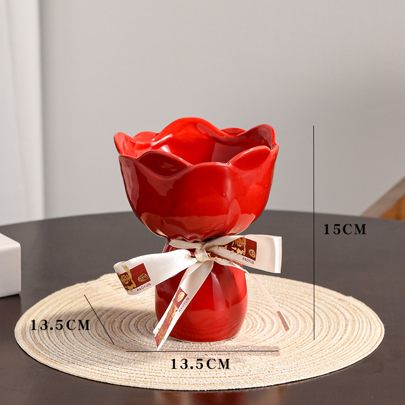 Cherry red small vase with ribbon