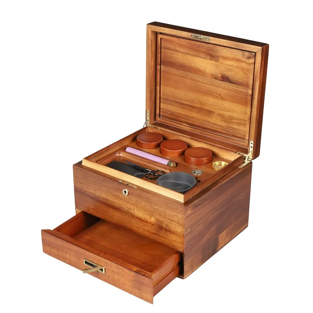 ODM/ OEM Holz Aufbewahrung sbox Natural Kasila Großhandel Große Stash Box mit Rolling Tray