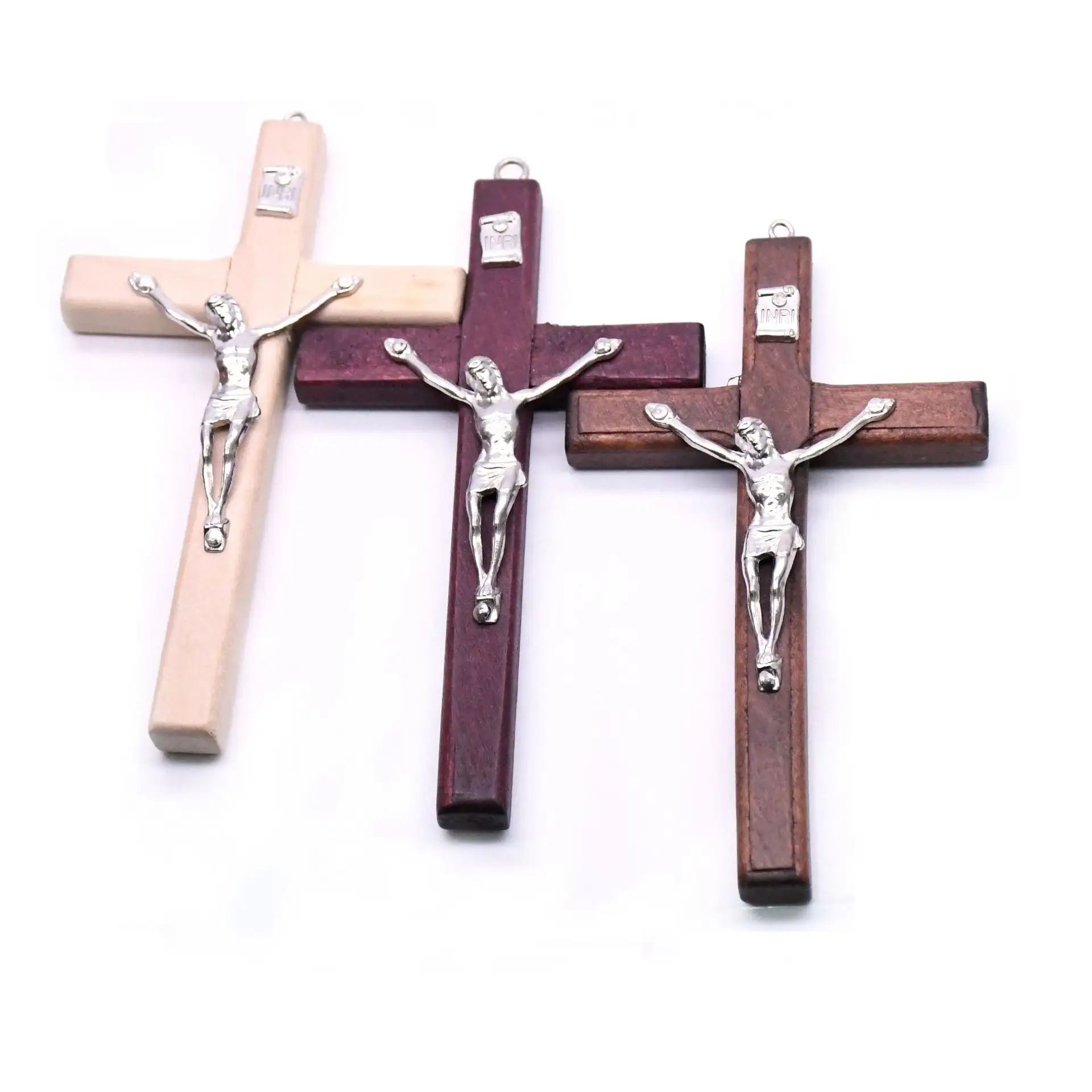 Vente en gros de vin rouge fait à la main en bois croix religieuse Jésus bénédiction pendentif breloques Crucifix