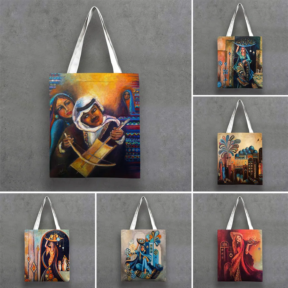 حقيبة نسائية للمسلمات عربية مزينة برسومات فنية حقيبة تسوق لتزيين الأسرة