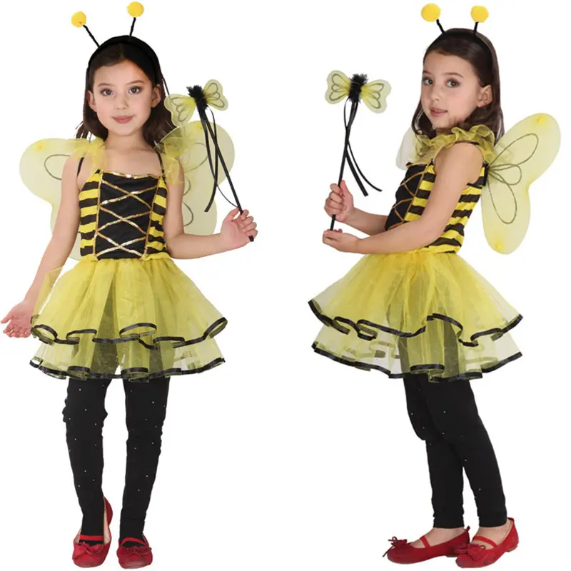 Halloween Carnaval Traje Baby Girl Amarelo Sem Mangas Saias Bumble Abelha Traje com headband Asas Crianças desempenho Vestido