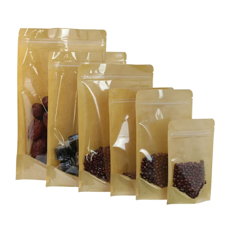 Передние Прозрачные задние коричневые пакеты из крафт-бумаги, пластиковые пакеты на молнии для пищевых продуктов