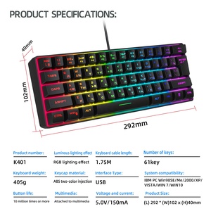 Teclado de ordenador con efecto luminoso RGB con cable de 61 teclas rusas 2025 con interruptores azules compatibles con USB y USB tipo C para juegos - Product Image 6