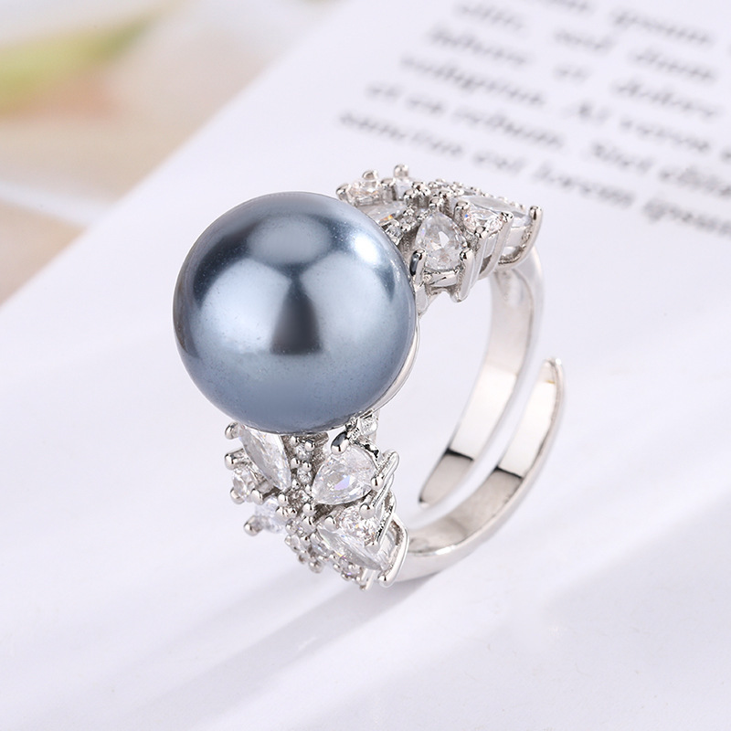 Bague à perle gris platine, taille ajustable