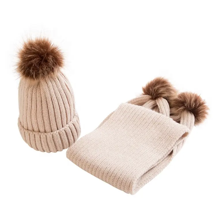 أسود عادي مخصص طفل الشتاء وشاح و قبعة صغيرة محبوكة طقم قبعات مع pompom