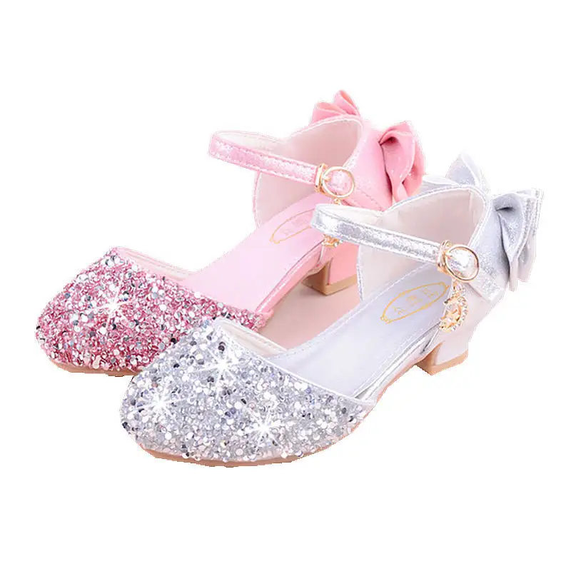 Yeni moda kız ayakkabı prenses çocuklar Glitter parlak sandalet kızlar yüksek topuk elbise ayakkabı ile Rhinestone parti modeli ayakkabı