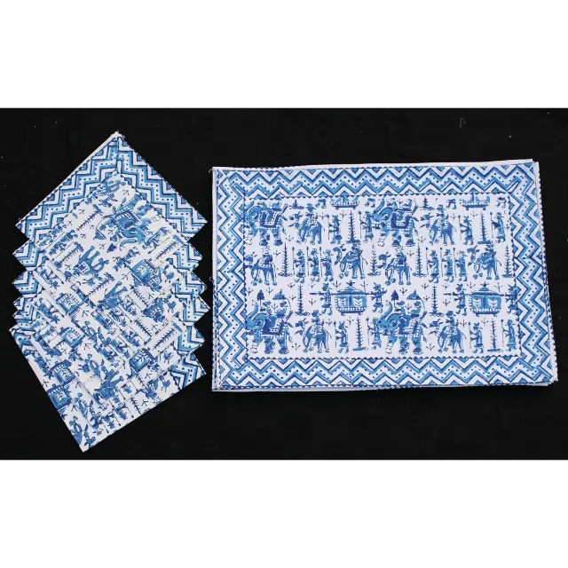 Indian Handmade Cotton Village Printed Dining Table Mat And Napkins Set of 12 Pieces Ethnic Table Napkins Holiday Decorative