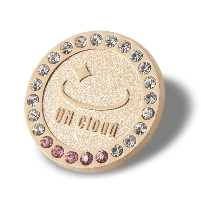 Venda quente Bonito Broche Rosa Rhinestone Botão Rodada Ouro Logotipo Personalizado Lapela Pin Metal