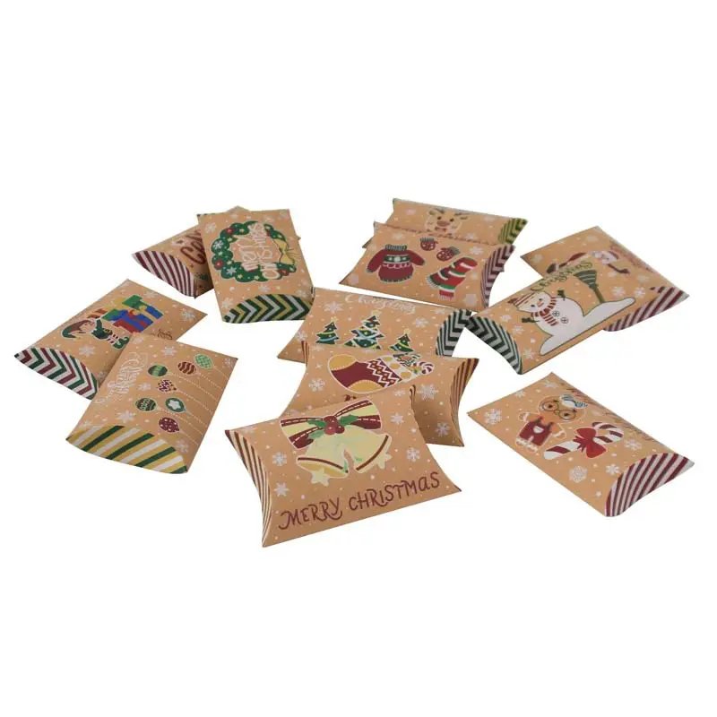 도매 새로운 크리스마스 요소 패턴 포장 웨딩 캔디 12 색상을 선택하는 크래프트 베개 모양 종이 상자