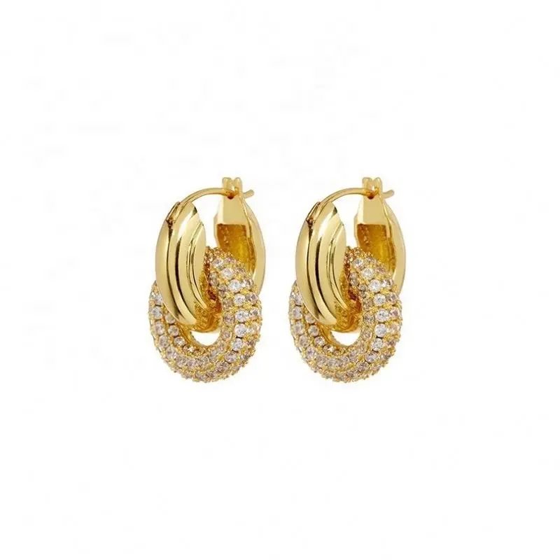 2021 Trendy orecchino 18K placcato oro cristallo pavimentato doppio cerchio orecchini a cerchio per le donne orecchini in ottone all'ingrosso