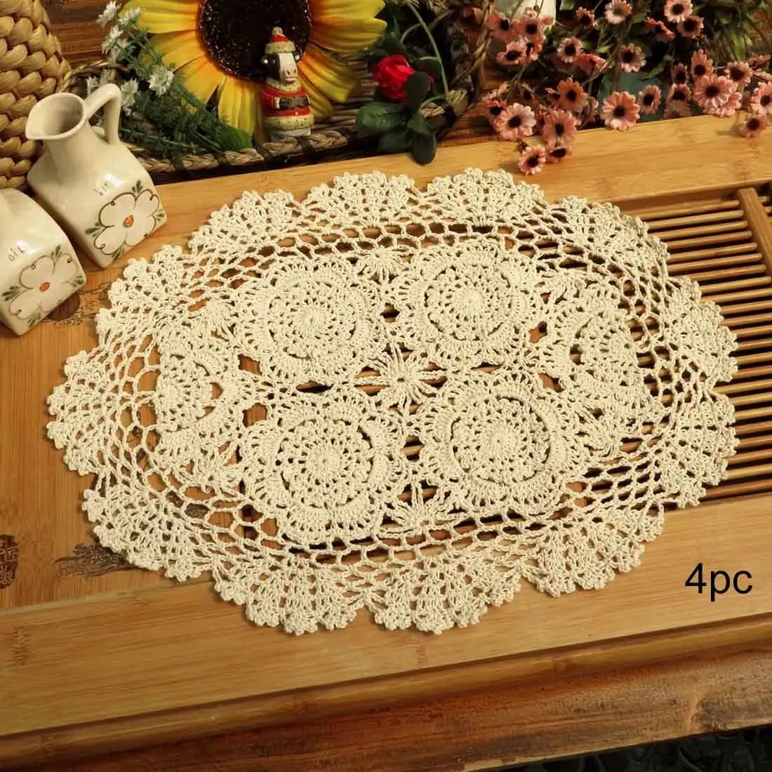 Pacote de placas de renda de algodão de crochê, artesanal, 4pc, branco, flores, 10 polegadas