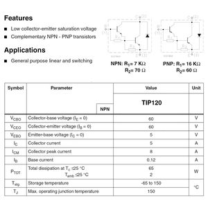 อัลลีซิน TIP120 5A ทรานซิสเตอร์ epitaxial DARLINGTON NPN 120ทรานซิสเตอร์60 V แพ็ค20ชิ้น5แอมป์60โวลต์20 - Product Image 5