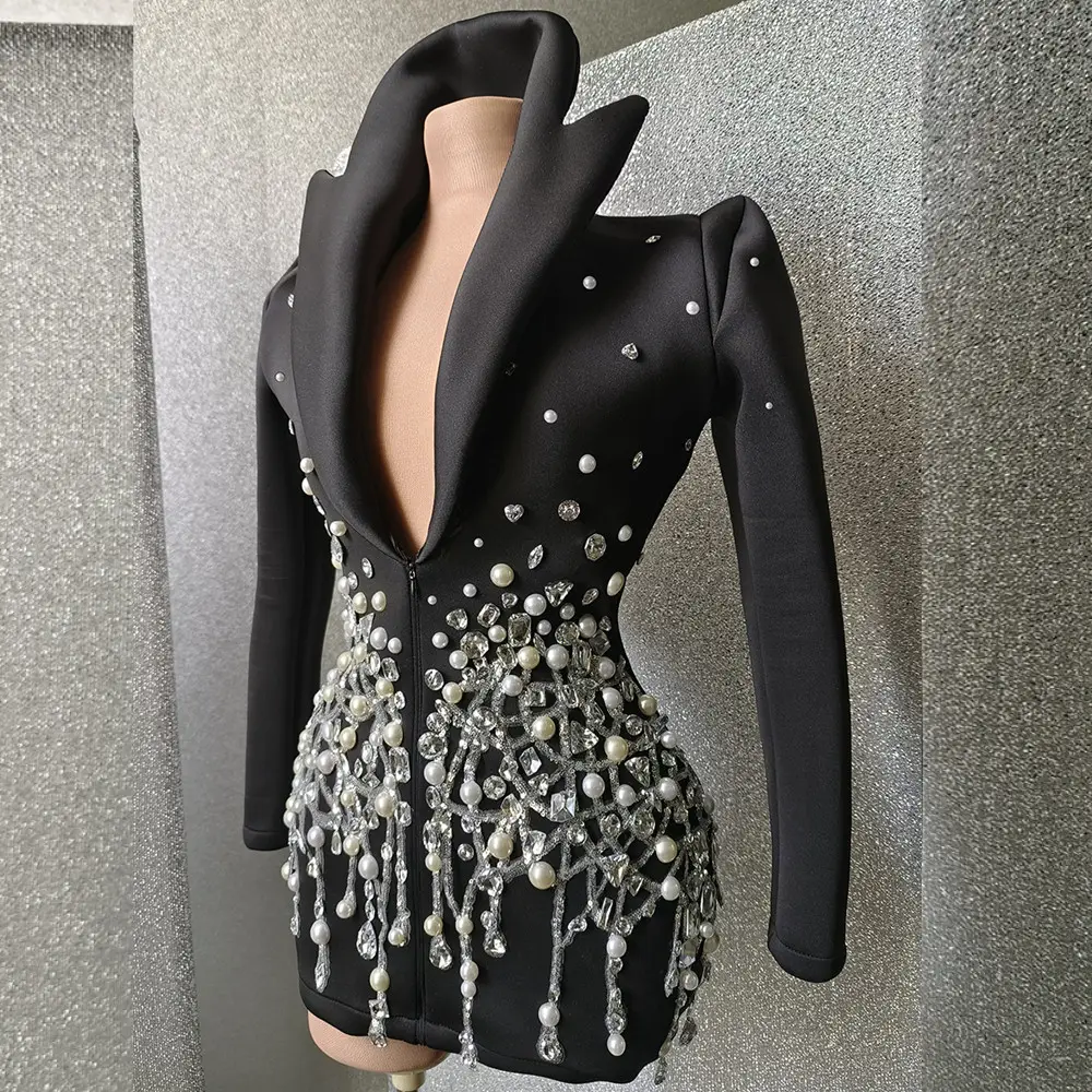 Sexy Black V Zipper Long Sleeve Jacket Evening Prom Coat Performance Blazers Ladies Women Suit Club Crystal Pearl Party Blazer