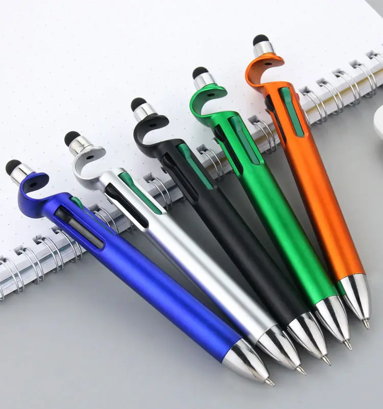 Bolígrafos de cuatro colores con logotipo personalizado, bolígrafos con pantalla táctil y soporte para teléfono, Material de plástico de Color metálico, 3 en 1