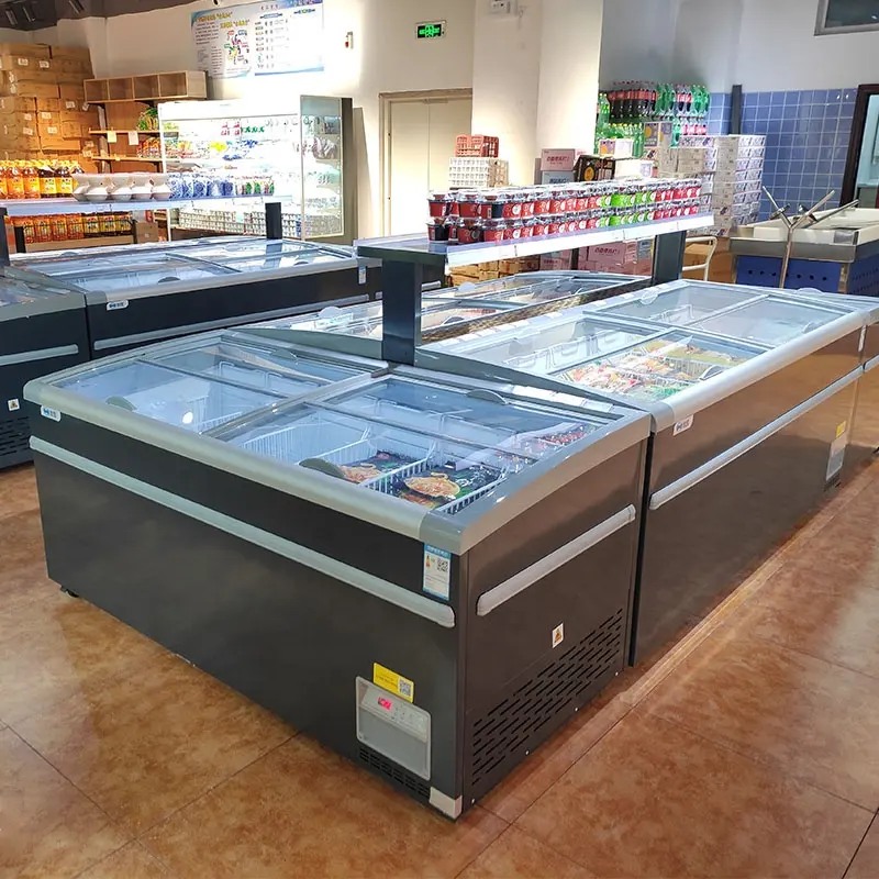 Combinare supermercato isola display freezer con top scorrevole in vetro porta del congelatore