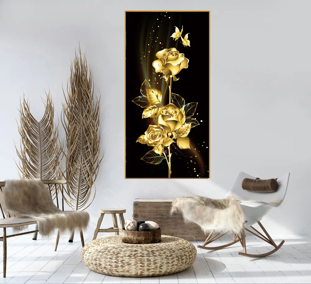 مخصص لوحة تجريدية أسود وردة ذهبية فراشة الخزف المصنوع من الكريستال المعيشة غرفة نوم لوحات فنية للديكور
