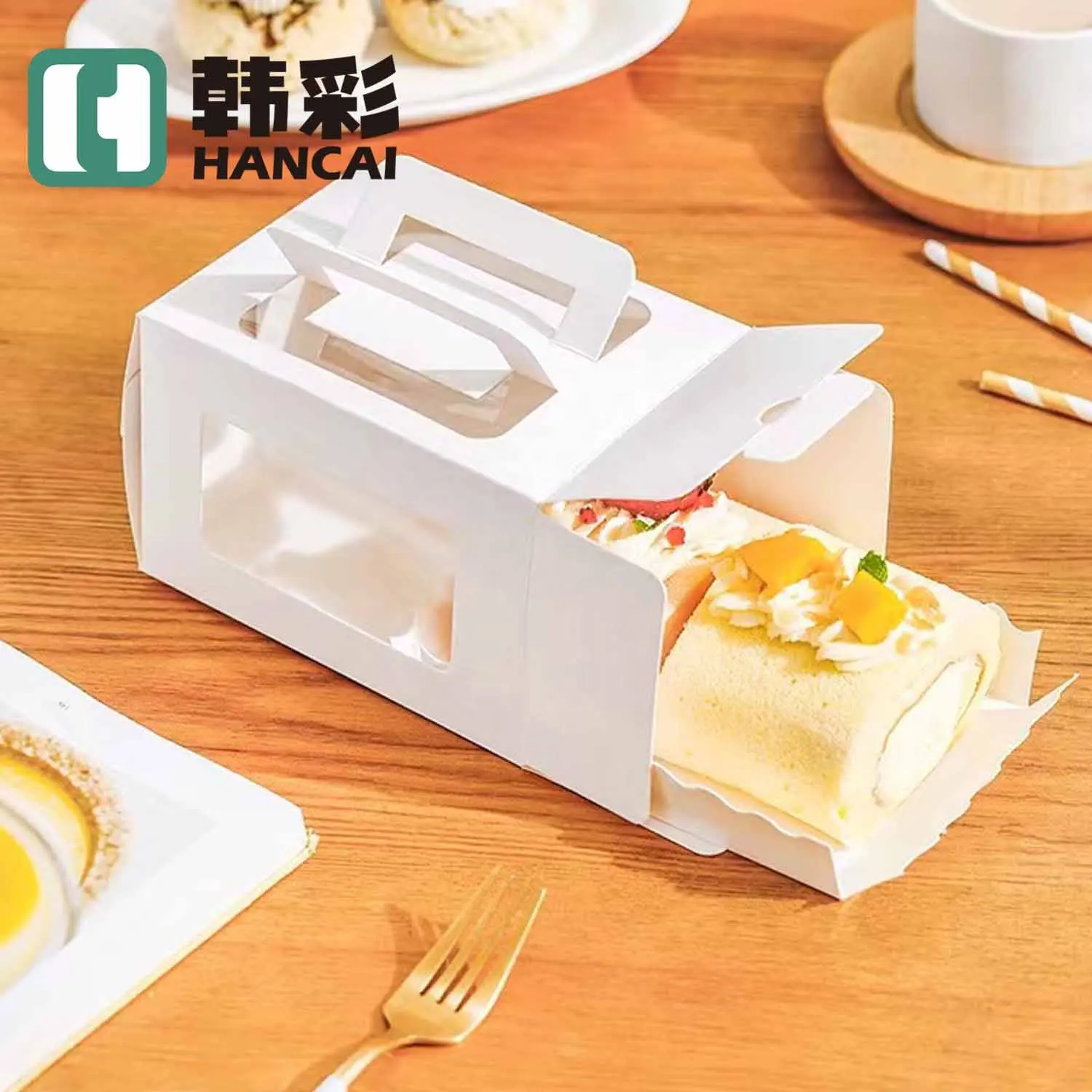 Kotak kue mangkuk kue desain kreatif kustom baru dengan jendela 3 IB nampan makanan kertas